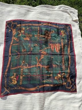Pendleton Equestrian Print Silk Scarf in Forest Green & Navy